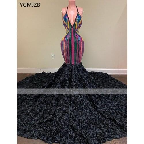Multi Color Sparkly Sequin Long Prom Dresses 2020 Sexy Halter 3D Flowers Train African Black Girls Mermaid Evening Party Gowns