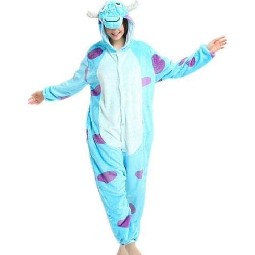 Unisex Adults Animal Pajamas Anime Onesie Blue Monster Flannel Cartoon Cute Warm Cosplay Sleepwear