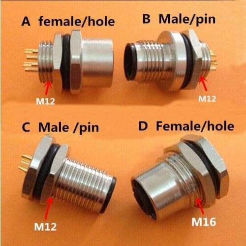 Sensor Connector Flange Socket M12 panel back mount threaded coupling Male&Female A Type 4 5 8Pin