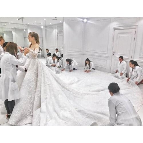 Luxury Dubai Arabia Ball Gown Wedding Dresses With Detachable Train Long Sleeve 3D Appliqued Lace Custom Made Bridal Gowns