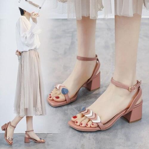 Women Summer High Heel Sandals Slippers Elegant Ladies Square Thick Heel Shoes Leather Casual Slippers Narrow Band Slides