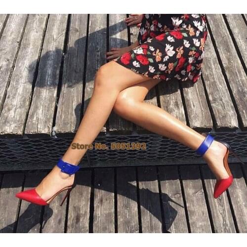 Women Super High-heeled Shoes Pointed Toe Color Patchwork Fashion Banquet Shoes Thin Heel Pumps Buckle Strap