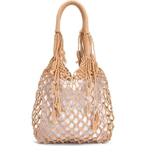 Women Tassels Handbag 2021 New Hollow Mesh Woven Bag Mori Straw Bag Holiday Cotton Rope Net Beach Bag With Lined