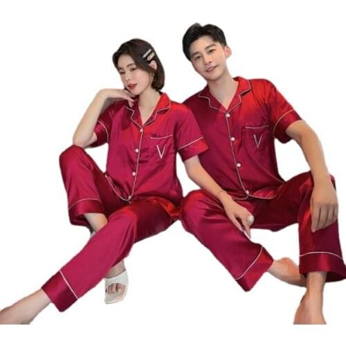 Lingering Warmth Elegant Decent Ice Silk Couple Pajamas Women Autumn New Satin Sexy Home Clothes 2 PCS Pajama Short Sleeve Suit