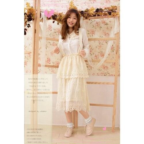 Mori Girl Hippie Boho Lolita Vintage Retro Lace Ruffle Crochet Embroidery Mesh Floral Elegant Women Elastic Waist Autumn Skirt