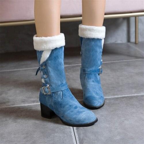 PXELENA Hot Large Size 34-45 Women Denim Blue Boots Buckle Faux Fur Chunky High Heels Jean Mid Calf Boots 2020 Shoes Cross tied