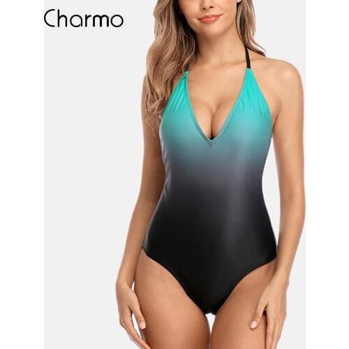Charmo Women Monokini Swimsuit Swimwear One-piece Gradient Backless Bandage V-Neck Sexy Bathing Suit Beachwear
