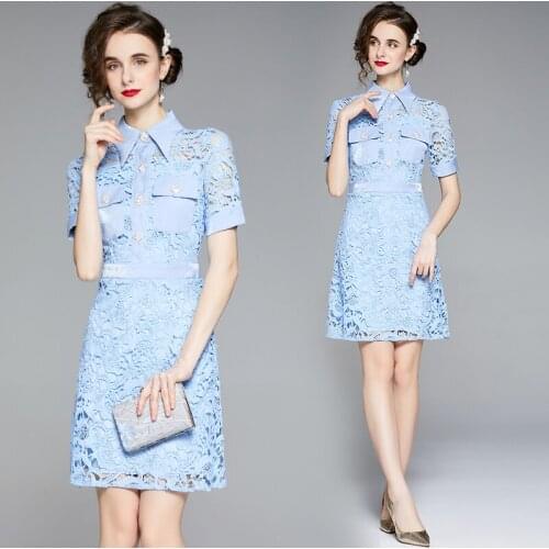 Summer womens OL blue crochet hollow water-soluble lace elegant bead buckle A-line short-sleeved mini dress