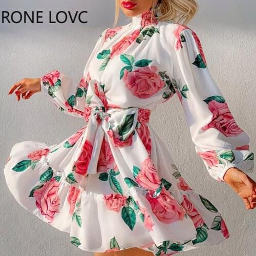 Women High Neck Long Sleeves Rose Print Ruffles Hem Dress Elegant Fashion Chic Dress