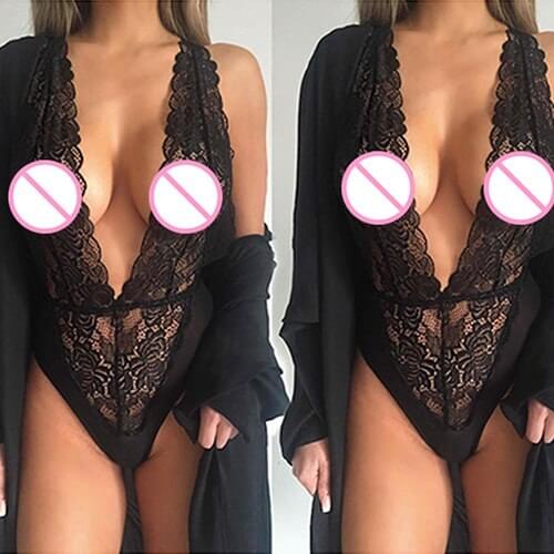 Women Sexy Deep V Neck One Piece Lace Babydoll Underwear Dress Sleepwear