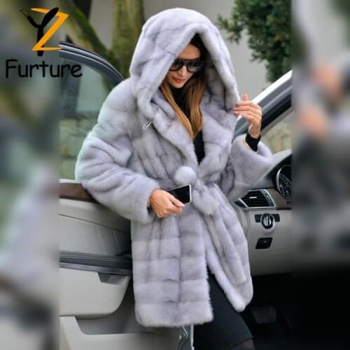 Winter Genuine Mink Fur Hooded Jacket 80cm Long Women Luxury Sapphire Color Full Mink Pelt Coat Natural Fur Sashes Slim Outwear