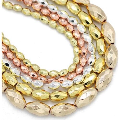3/4/6MM Natural Stone Rose Gold Silvers Faceted Rice Grains Oval Hematite Spacer Loose Beads For Jewelry Making Diy Bracelets