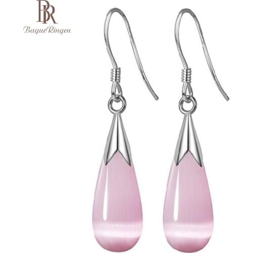 Bague Ringen Elegant Female Silver 925 Jewelry Korean fashion Earrings for Women with Cats Eye Stone Water-drop shape 2 colors