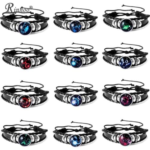 RINHOO 12 Constellations Leather Bracelets For Women Men Zodiac Sign Snap Charms Stones Beads Bangle Jewelry Bracelets & Bangle