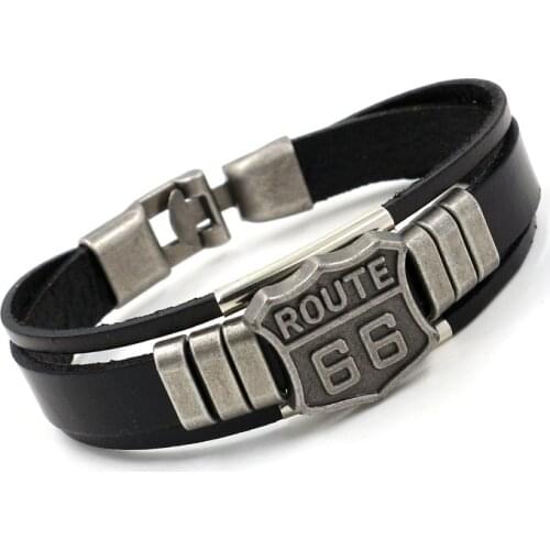 New Mens Leather Bracelet with Hot ROUTE 66 60s Road Sign Motorcycle Biker Rider Black Bangles Males Jewelry