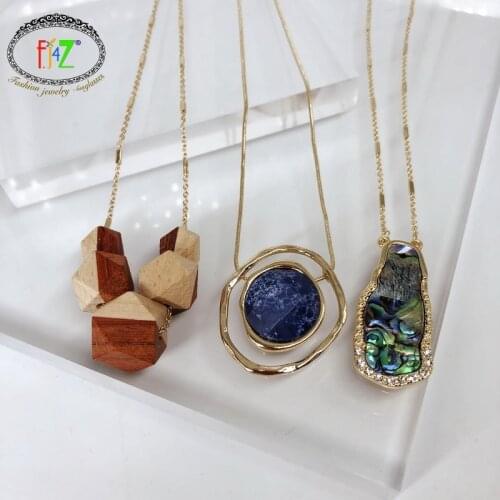 F.J4Z 2020 Trend Women Long Pendant Necklace Fashion Wooden Nature Stone Shell False Collars Sweater Chain Necklace Christmas