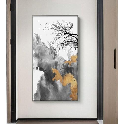 Creative Watercolor Mountain valley yellow sun tree Modern decorative Picture Canvas Wall Art Poster for room Porch office decor
