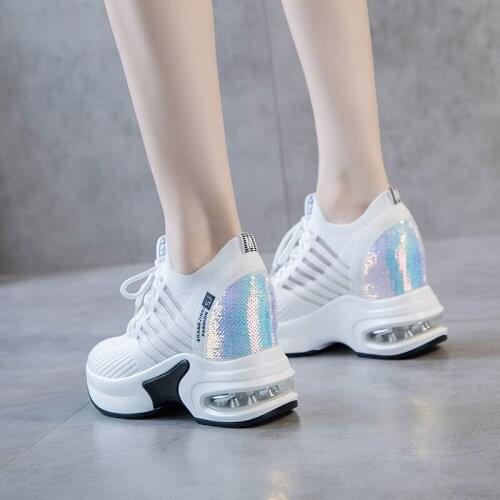 Breathable Mesh Chunky Sneakers Women Spring Autumn Knitted Height Increasing Shoes Woman White Casual Shoes