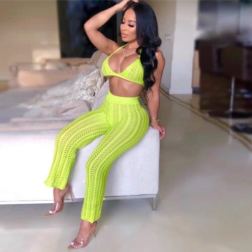 2021 Summer Fishnet Knitted Two Piece Set Women Sexy See Through Night Club Suits Bra Top Pants Beach Outfits MH678