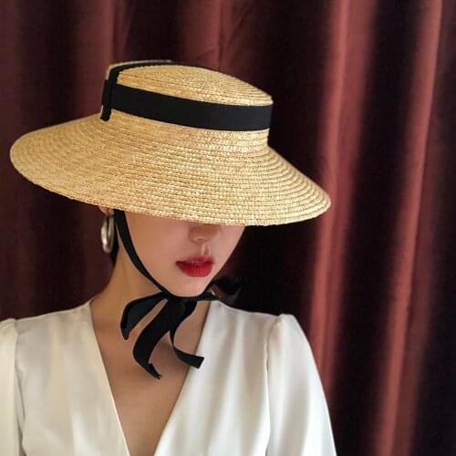Wide Brim Summer Hat Vintage Style Natural Wheat Straw Hats For Women Boater Long Ribbon Holiday Beach Cap Sun Hat Wholesale