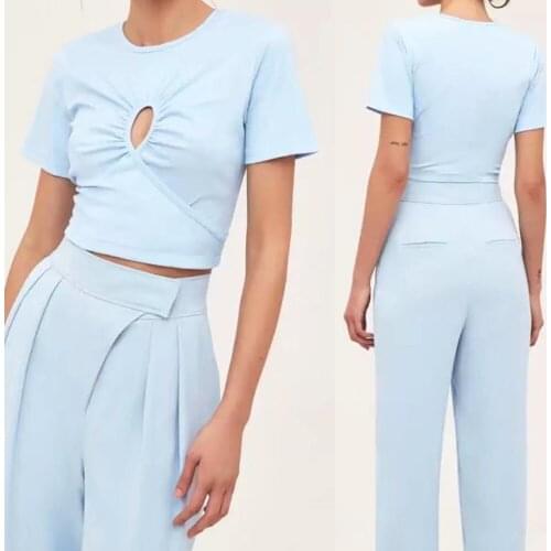 Summer Womens Sexy Cutout tshirt Tops Ladies O Neck short Sleeve White Casual T Shirts Female Blue Clothes Basis Wild Crop Top