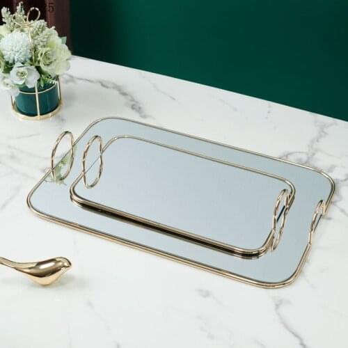 European Rectangular Metal Mirror Tray Cake Dessert Tray Dressing Table Cosmetics Jewelry Display Tray Modern Home Decoration