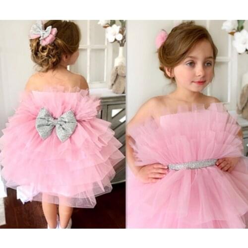 Cute Pink Baby Girl Birthday Gown Knee Length Puffy Tiered Skirt Flower girl Dress Girls Costumes Pageant Dresses