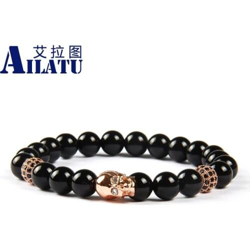 Ailatu Fashion Natural Stone Beads Skull Bangles Bijoux Copper Steel 8mm CZ Ball and Onyx Bracelet for Men Gift Pulseira Hombres