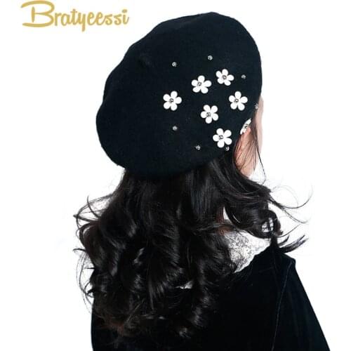 New Fashion Kids Hat for Girls Wool Autumn Winter Baby Girl Hat with Flowers Vintage Kids Beret Cap Baby Accessories 2-5Y