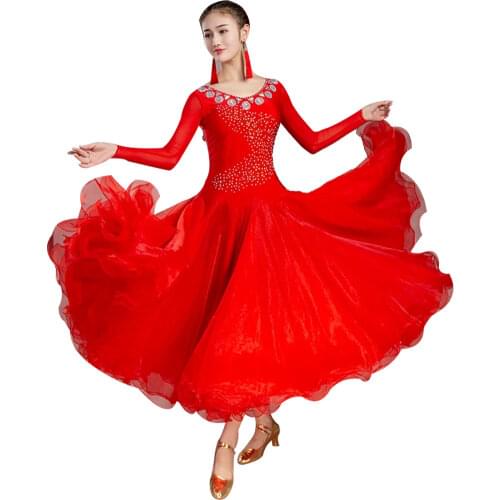 New Red rhinestones Ballroom dance competition dress standard dresses modern dance costume tango waltz dancing dress