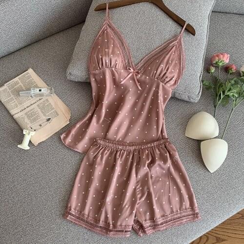 New Style Pajamas Womens Tank Top Shorts Two-Piece Polka Dot Silk Leisure Tops Viscose Fiber Thin Summer
