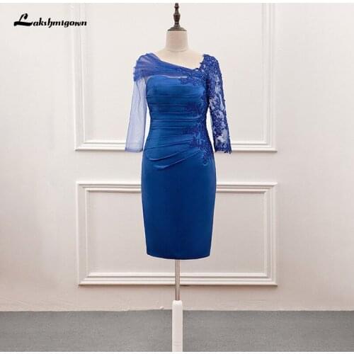 Sheath Tulle & Satin Asymmetrical Neckline Mother of The Bride Dresses Lace Applique with Sleeves Wedding Guest Gowns 2021