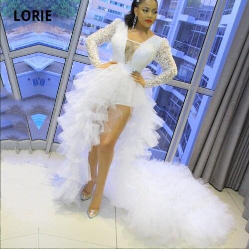 LORIE Sexy High Low Prom Dresses 2021 V-Neck Long Sleeves Ruffles White Arabic Evening Party Gown Celebrity Dressrobe luxe femme