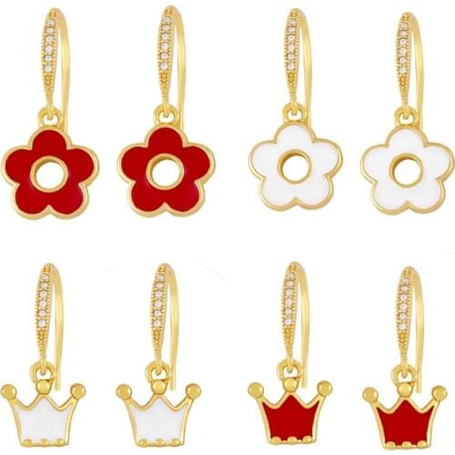 FLOLA Copper Zircon Flower Crown Earrings For Women White Stone Gold Enamel Drop Earrings Gift Girls Jewelry ersx67