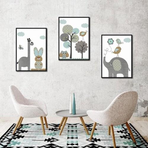 Nordic Minimalist Cartoon Animal Elephant Giraffe Bird Love Tree Childrens Room Living Room Decoration Painting