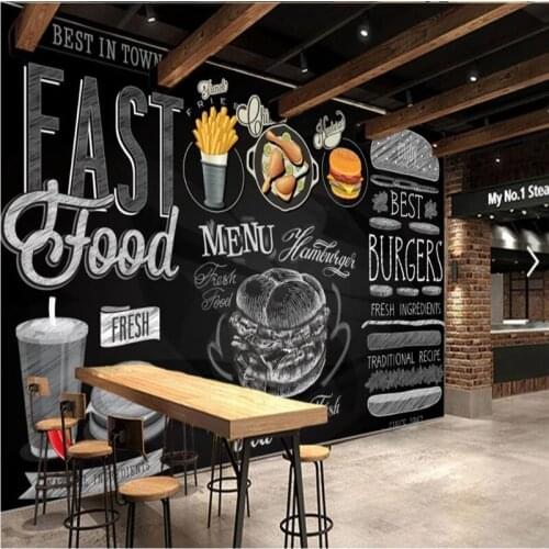 Modern Burgers Restaurant Self Adhesive Wallpaper 3D Blackboard Hand-painted Western Fast Food Catering Background Wall Mural