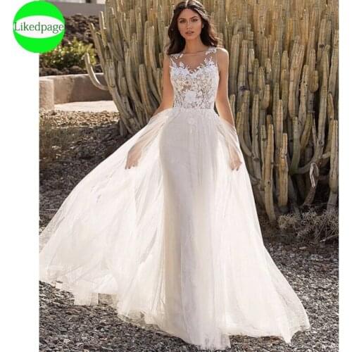 Wedding Dress Boho Vestidos De Novia Sexy A-Line Lace Appliques Tulle Bride Gown 2021 Robe Mariage Trouwjurk Sukienka Na Wesele
