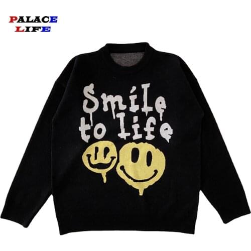 Knitted Sweater Mens Harajuku Retro Smiley Letters Print Sweaters Hip Hop Streetwear Couples Loose Warm Cotton Pullover Autumn