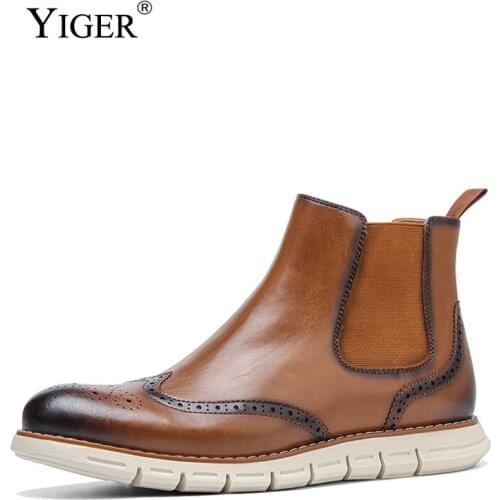 YIGER Mens Casual Boots Man Brown Brogue Chelsea Boots Male Ankle Bullock Maritns Slip on Leather Boots 2021 New Brand boots