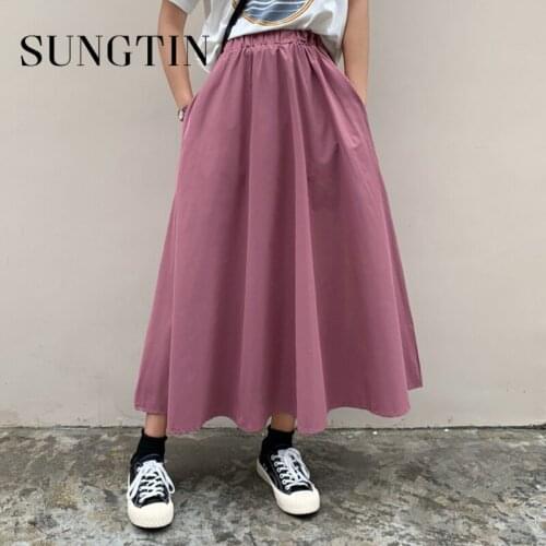 Sungtin Korean A Line Elastic High Waist Skirts Women Spring Solid Loose Long Skirts Female High Quality Mid Calf Skirt Chic New
