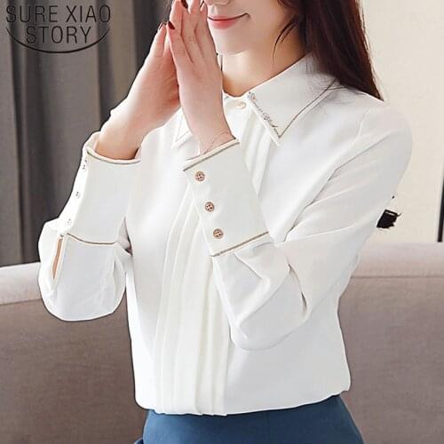 2019 Autumn winter New Korean OL Chiffon slim Blouse Women Long Sleeve white embroidery blusas mujer de moda 2019 7030 50