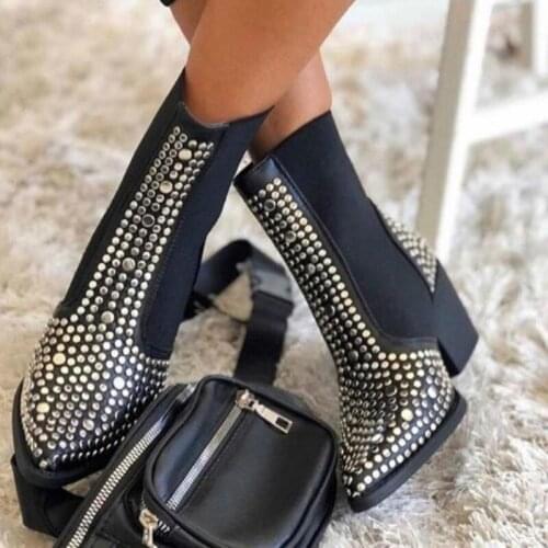 Krasovki Boots 2021 Womens New Style for Autumn Winter Sexy Pointed Toe Denim Large Riveting Nail Elastic Fashion Ankle Boots