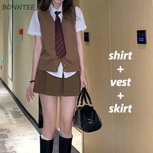 Women Sets Summer College Short Sleeve Shirt A-line Skirt Tie Solid Vest Simple All Match Fashion Korean Style Cozy Girlish Ins