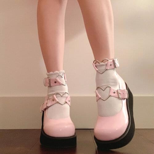 2021 Large Size 43 Sweet Lolita Gothic Style Girls Pink White Heart Decoration Mary Janes Flats Platform Casual Shoes Women