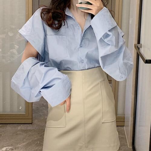 2021 Women Summer Two Piece Suit Long Sleeved Hole Turn-down Collar Blue Blouse and Solid Leather Skirt Korean Style Ladies Sets