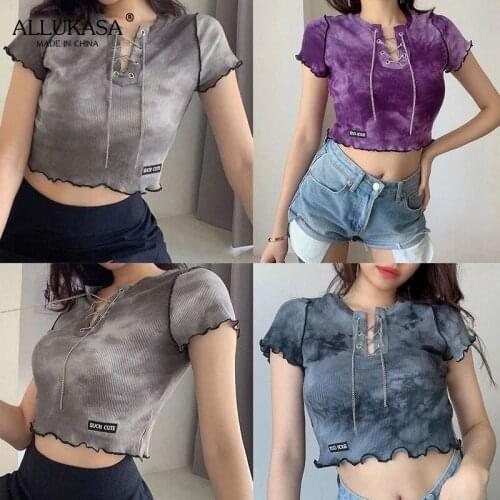 Tie-dye printing short-sleeved ladies summer fashion sexy V-neck tight-fitting tie top ruffled T-shirt casual streetwear