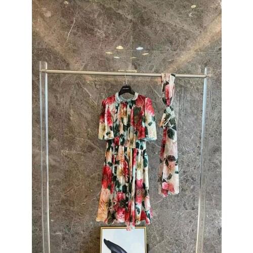 Womens Summer 2021 Camellia Printed Low Round Neck Belt Dress High Quality Sicily Gorgeous Runway Fashion Luxury