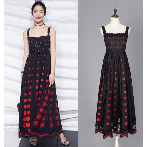 Star same Polka New Dot embroidery long suspender party dress hollow panel sexy dress female