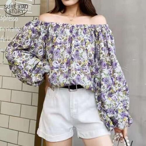 2021 Summer Retro Print Woman Shirt New Style Gentle Lady Blouses One-shoulder Noble Shirt Top Female Blusas Mujer De Moda 15605