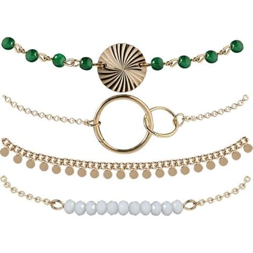 4PCs Vintage Sequin Green Rhinestone Beads Couple Bracelets for Women Gold Geometric Charm Set Boho Bangles Jewelry